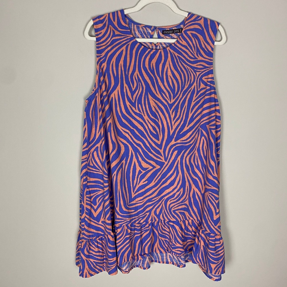 Mister Zimi‎ Summer Klare Dress Womens 16 Sleeveless Zebra Print Ruffle Hem